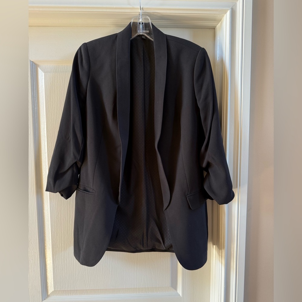 Express Black Blazer Jacket Sz Small 3/4 Sleeve Ruched Open Front